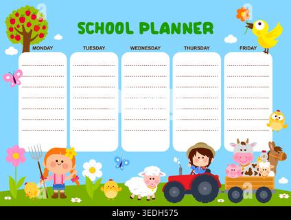 Farmer kids school subject planner for students. Cute boy and girl schedule, weekly country animals theme timetable for children. Calendar planner. Stock Vector