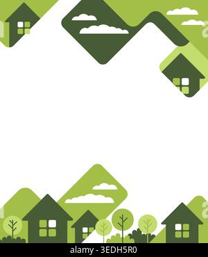 Green Eco Construction and Building decorative pattern in flat geometric style. House designed to be environmentally sustainable Stock Vector