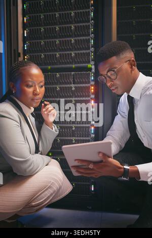Reading, team or engineer with tablet by server rack, upgrade plan or mainframe glitch investigation. IT support, review or black people in data Stock Photo
