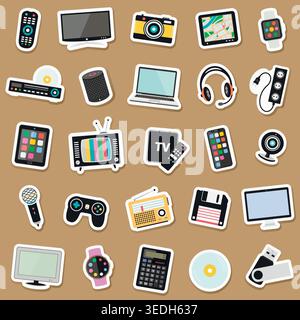 Electronic devices, technology and digital gadgets stickers set isolated with shadow. Vector illustration. Stock Vector