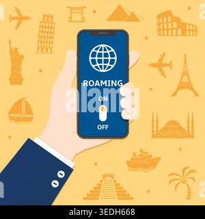 Smartphone in hand with international roaming on screen against world landmarks silhouette background. Modern vector illustration in flat style. Stock Vector