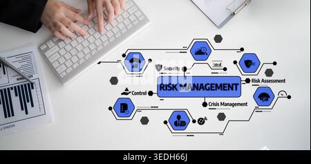 This image illustrates the concept of risk management, featuring icons for security and assessment alongside a computer and graphs on a professional Stock Photo