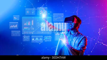 A man experiences immersive virtual reality, interacting with an AI-driven data analytics interface surrounded by vibrant colors and futuristic Stock Photo