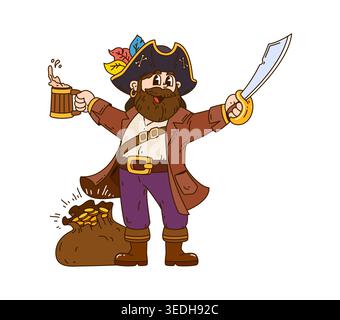 Cartoon pirate character holding beer mug and dagger. Funny groovy corsair sailor with beard and sack of gold coins. Sea robber personage for pirate party posters, invitations and decorations Stock Vector