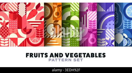 Organic fruits and vegetables geometric seamless pattern, fresh farm food background. Apple and strawberry, tomato and carrot, watermelon and corn shapes pattern, abstract fruits and vegetables mosaic Stock Vector