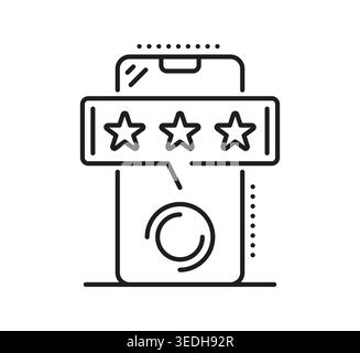 Ranking star pictogram and best quality icon. Review and rating stars featuring line art symbol of smartphone with three star rating speech bubble. Vector icon for customer review platforms Stock Vector