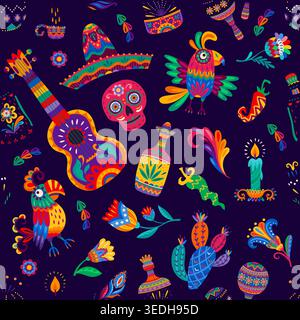 Mexican candles, pinatas and tequila bottles seamless pattern. Vector alebrije folk tile background with skull, guitar, sombrero, cactus, parrot, chili and maraca motifs celebrating Day of the Dead Stock Vector