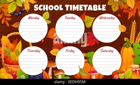 School education timetable schedule with autumn season leaves and berries. Cartoon template with pumpkins and fall harvest with circular daily frames for organizing weekly kids classes and activities Stock Vector