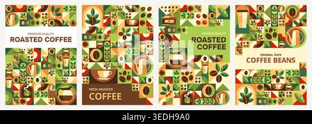 Roasted coffee posters with geometric pattern. Geometric green and brown posters featuring coffee cup, coffee beans, kettle, and leaves. Vector design for cafe wall art or coffee shop decor Stock Vector