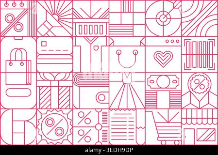 Modern geometric sale and retail bauhaus pattern. Retail discount Bauhaus geometric backdrop, shop sale background. Store price off pattern with shopping bag, gift box, shop receipt and sale coupon Stock Vector