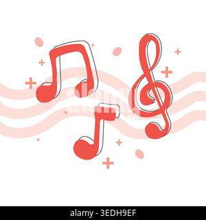 Flat illustration of music notes and a treble clef with flowing sound waves, representing melody, rhythm, creativity, and modern audio design concepts Stock Vector