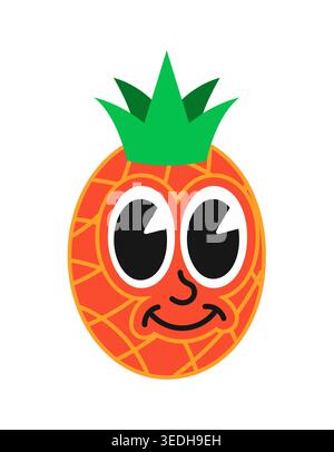 Retro Y2K groovy pineapple cute character sticker or funky patch. Vintage nostalgic vector label, Y2K 2000s tag. Funky 90s sticker or retro cool patch with tropical fruit cheerful funny personage Stock Vector