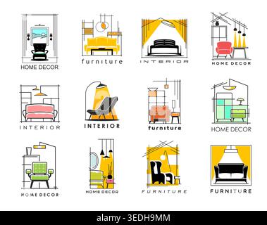 Home interior icons with vector furniture, lamps and room decor in house. Abstract minimalist line symbols of modern room interiors with chairs, sofa, armchair and picture, chandelier, table and couch Stock Vector