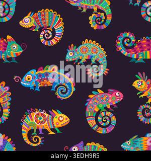 Mexican chameleon animals seamless pattern. African chameleon seamless backdrop, Madagascar animal fabric print. Mexican pattern with ornate rainforest jungle chameleon lizards with floral ornaments Stock Vector
