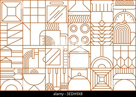 Modern geometric kitchen utensil Bauhaus pattern. Kitchenware Bauhaus geometric shapes backdrop, cooking utensil print. Kitchen cookware pattern with toaster, meat grinder and tea pot, cup and plates Stock Vector