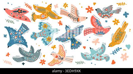 Folk hand drawn ethnic scandinavian birds, vector nordic art. Flying birds with scandinavian folk floral pattern, spring flowers, plants and butterflies, nordic folklore traditional ornament Stock Vector