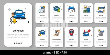 Dealership mobile app onboarding screen, car sale and service line icons, showing showroom options for insurance, pricing, service, loan, trade in and purchase. Ui for automotive websites and apps Stock Vector