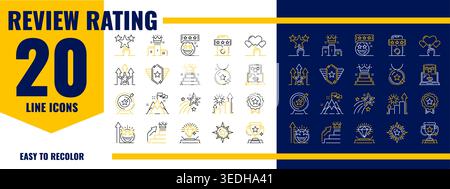 Review and rating stars ranking and best quality icons set featuring trophies, badges, targets, podiums and heart feedback. Vector line symbols conveying quality, performance and customer satisfaction Stock Vector