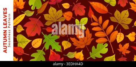 Autumn leaves seamless pattern, fall foliage background. Cartoon red, orange, yellow and green foliage scattered across brown backdrop. Seasonal cozy, festive tile with forest tree plants for print Stock Vector