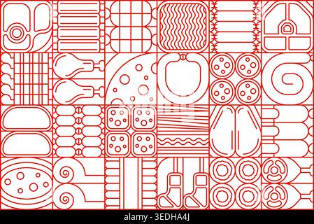 Modern geometric meat Bauhaus pattern. Meat roasting BBQ Bauhaus red backdrop, butchery shop wrapping paper background. Geometric shapes pattern with steak and sausages, grill grate and skewer Stock Vector