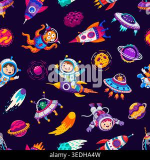 Cartoon kids astronauts, spaceship and rockets seamless pattern. Vector space tile background with cute cosmonauts in helmets among planets, comets and friendly aliens, conveying adventure exploration Stock Vector