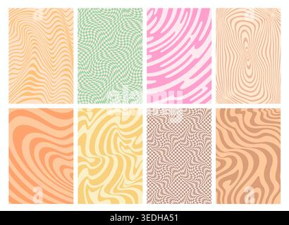 Psychedelic groovy hippie patterns retro with abstract wave swirls, vector backgrounds. Groovy pattern of psychedelic wavy twirls with liquid lines pattern in funky or retro hippie and vintage style Stock Vector