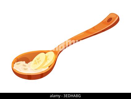 Cartoon wooden spoon with oatmeal porridge and banana slices. Vector breakfast food, creamy cereal healthy meal isolated on white background. Cooked oat grains and tropical fruit pieces in wood spoon Stock Vector