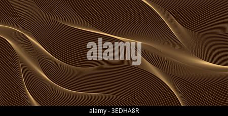 Golden stripe swoosh line waves, ribbon luxury golden flow background. Gold vector metallic ribbon waves and flowing linear stripes bg, elegant luxury abstract backdrop conveys motion texture or depth Stock Vector