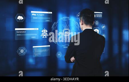 Businessman Interacting with Futuristic Artificial Intelligence Interface in Modern Office Environment, Exploring Innovative Technology Applications Stock Photo