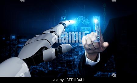 Futuristic Human-Robot Interaction with Emphasis on Artificial General Intelligence and Digital Technology in Urban Environment Haptic. Stock Photo