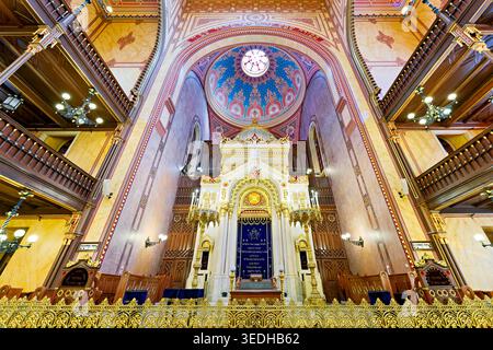Visitors can see the inside of Dohany Street Synagogue in Budapest, Hungary. The space shows architecture and religious features. Stock Photo