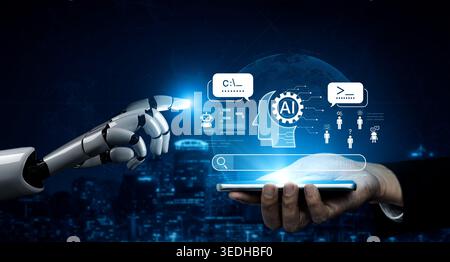 AI assistant prompt input system processes tasks with logic, data, automation, support tools and intelligent engine platform. AI search engine with Stock Photo