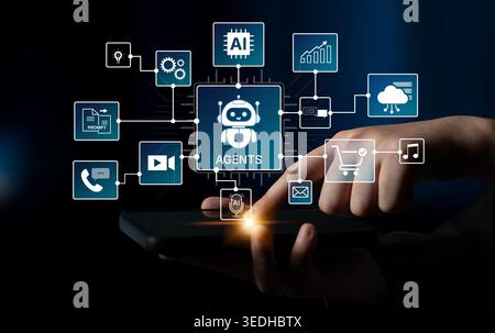 AI agents orchestrate workflows across prompts, media, email and analytics. AI coordinates tasks, strengthens operations, and improves efficiency for Stock Photo