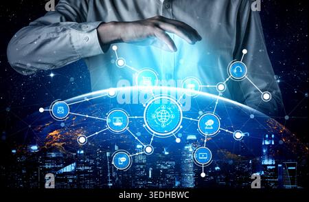 This image captures a futuristic concept depicting global connectivity through digital icons hovering over a cityscape at night, showcasing Stock Photo