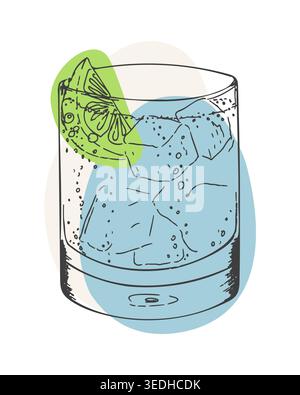 Sketch illustration of refreshing gin tonic cocktail with lime slice and ice cubes. modern minimalist vector art with abstract blue and green color splashes for bar menu, summer party design, and beverage marketing. Vector illustration Stock Vector