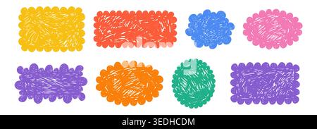 Scribble crayon doodle scalloped frames set. Chalk grunge girly blobs for text. Fluffy, wiggle label, stamp. Wavy whimsical edges curly doodle border. Vector illustration Stock Vector