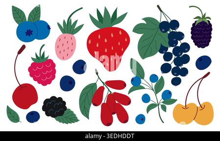 Colorful berries: strawberries, blueberries, raspberries, blackberries, cherries, dogwood currants Each berry has green leaves and stems Stock Vector
