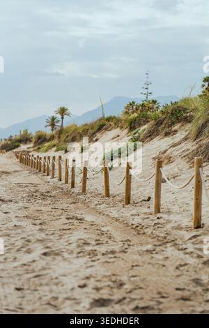 Sandy beach path with wooden fence leading through dunes toward the sea on sunny summer day. Stock Photo
