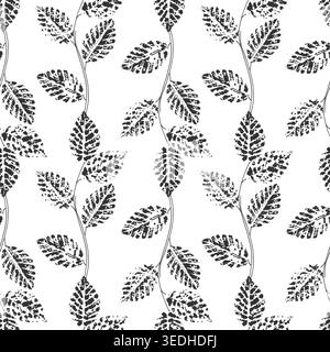 monochrome botanical pattern with ink stamp textured leaves on white background for hand-crafted stationery and rustic fabric design. Vector illustration Stock Vector