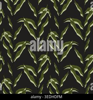 Seamless dark botanical pattern with elegant green willow leaves on black background for luxury fashion textile and moody interior wallpaper. Vector illustration Stock Vector