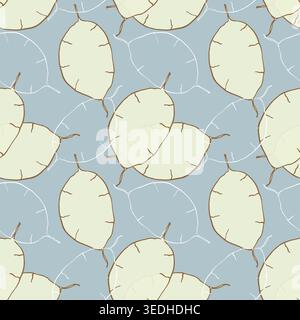 Botanical pattern with hand-drawn Lunaria seed pods on dusty blue background for modern interior decor and sustainable product packaging. Vector illustration Stock Vector