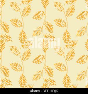 Seamless warm botanical pattern with textured orange leaves on cream background for sun-drenched textile design and cozy home decor. Vector illustration Stock Vector