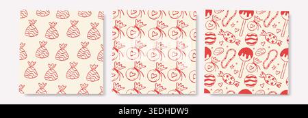 Three festive red patterned with candies on cream background. Patterns ideal for holiday cards, wrapping paper, or seasonal branding Stock Vector