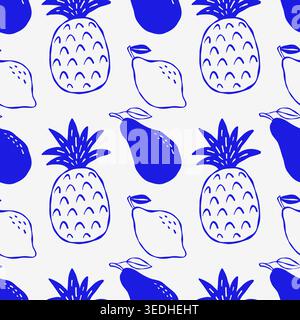 Blue line drawings of pineapples, pears, and lemons on white. Tropical fruits pattern design. Modern minimalist style, ideal for textiles or packaging Stock Vector
