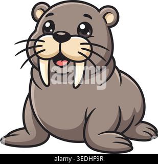 Cute baby walrus cartoon character sitting with tusks and happy smile on white background Stock Vector