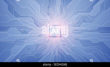AI circuit board with white abstract patterns and tech elements. Stock Vector