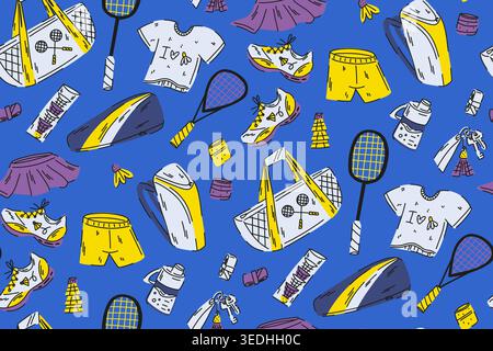 Badminton Equipment Collection Seamless Pattern Rackets, bags, sportswear, shuttlecocks, sports activities in a stylish blue and yellow palette Stock Vector