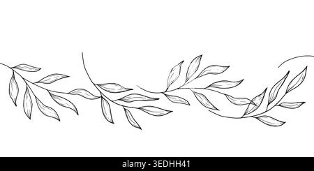 Spring branches of willow or olive, the sketch is hand-drawn. vector illustration. Seamless border, bamboo or eucalyptus branches pattern, isolated on Stock Vector