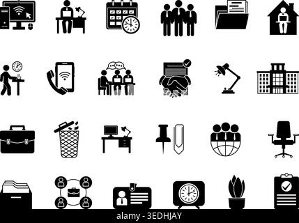 Black Office Icon Set. Vector Icons Computer, Employee, Team, Desk, Office Chair, Documents, Archive, Meetings, Trash, Briefcase, Corporate, Coffee Br Stock Vector