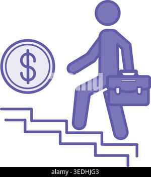 Colored Career Icon. Vector Illustration. Man With Briefcase Climbing Up The Stairs Towards a Dollar Coin. Position, Job Promotion, Cash Reward. Work Stock Vector